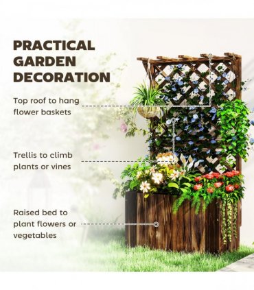 Outsunny Wooden Planter with Trellis and Drainage Holes, Carbonised
