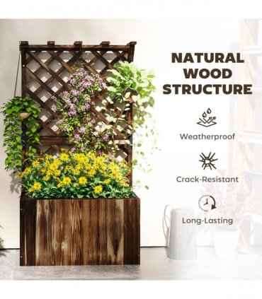 Outsunny Wooden Planter with Trellis and Drainage Holes, Carbonised