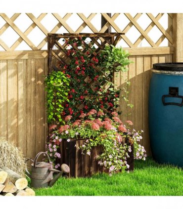 Outsunny Wooden Planter with Trellis and Drainage Holes, Carbonised