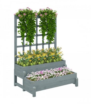 Outsunny 2-Tier Wooden Raised Bed with Trellis and Drainage Holes, Grey
