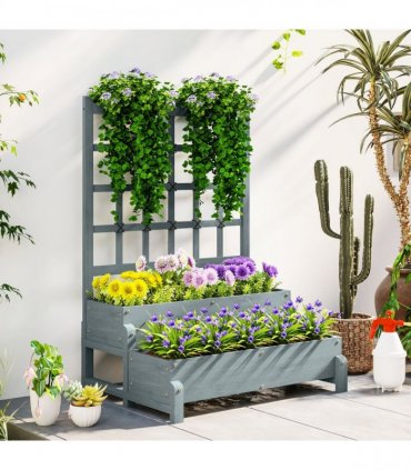 Outsunny 2-Tier Wooden Raised Bed with Trellis and Drainage Holes, Grey
