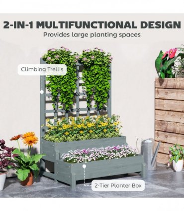Outsunny 2-Tier Wooden Raised Bed with Trellis and Drainage Holes, Grey