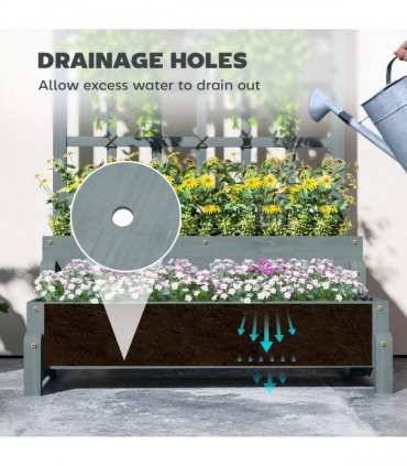 Outsunny 2-Tier Wooden Raised Bed with Trellis and Drainage Holes, Grey