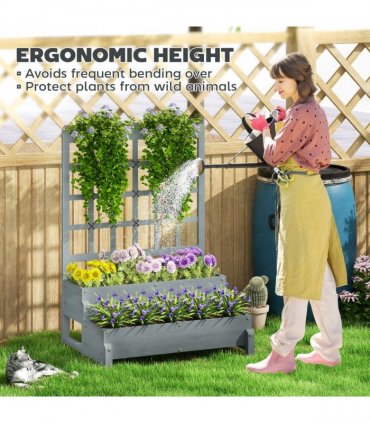 Outsunny 2-Tier Wooden Raised Bed with Trellis and Drainage Holes, Grey