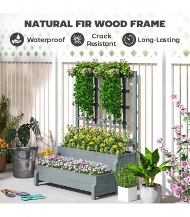 Outsunny 2-Tier Wooden Raised Bed with Trellis and Drainage Holes, Grey