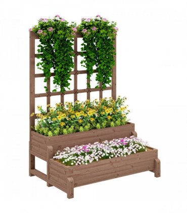 Outsunny 2-Tier Wooden Raised Bed with Trellis and Drainage Holes, Brown