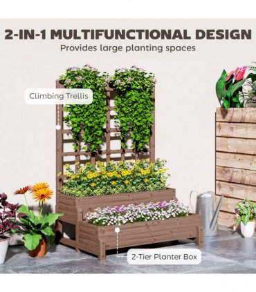 Outsunny 2-Tier Wooden Raised Bed with Trellis and Drainage Holes, Brown