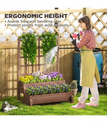 Outsunny 2-Tier Wooden Raised Bed with Trellis and Drainage Holes, Brown