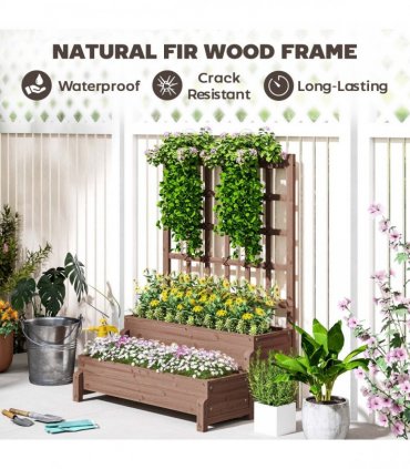 Outsunny 2-Tier Wooden Raised Bed with Trellis and Drainage Holes, Brown