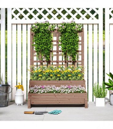 Outsunny 2-Tier Wooden Raised Bed with Trellis and Drainage Holes, Brown