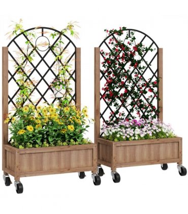 Outsunny Pack of 2 Wooden Raised Bed, Outdoor Planter Box w/ Metal Trellis