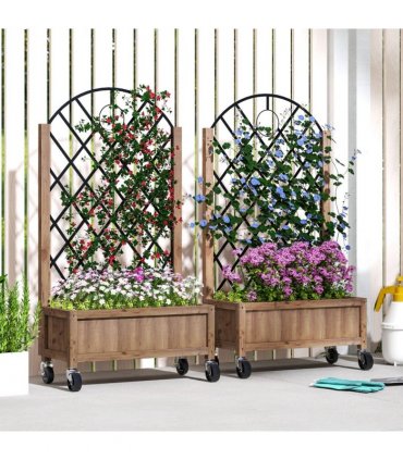 Outsunny Pack of 2 Wooden Raised Bed, Outdoor Planter Box w/ Metal Trellis