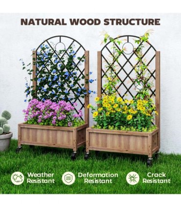 Outsunny Pack of 2 Wooden Raised Bed, Outdoor Planter Box w/ Metal Trellis