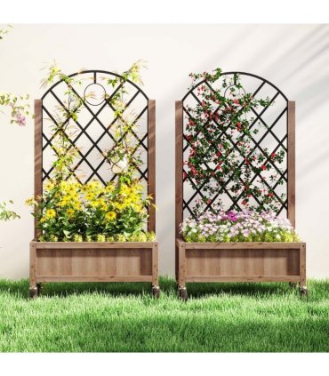Outsunny Pack of 2 Wooden Raised Bed, Outdoor Planter Box w/ Metal Trellis