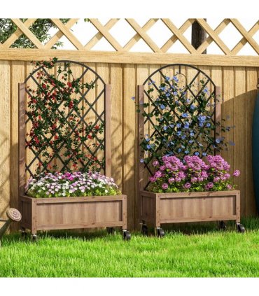 Outsunny Pack of 2 Wooden Raised Bed, Outdoor Planter Box w/ Metal Trellis