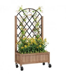 Outsunny Wooden Raised Bed, Outdoor Planter Box w/ Metal Trellis