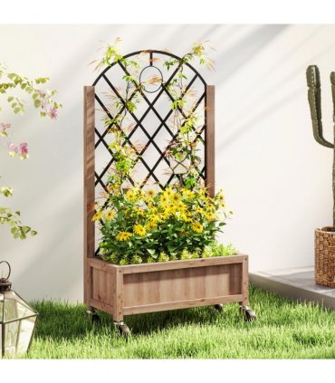 Outsunny Wooden Raised Bed, Outdoor Planter Box w/ Metal Trellis