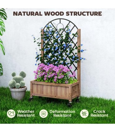 Outsunny Wooden Raised Bed, Outdoor Planter Box w/ Metal Trellis