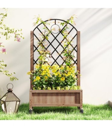 Outsunny Wooden Raised Bed, Outdoor Planter Box w/ Metal Trellis