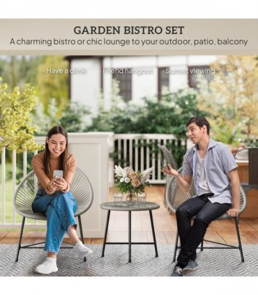 Outsunny Rattan Bistro Set, Cushioned Acapulco Chairs, Glass Table, Grey