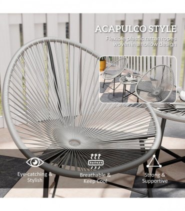 Outsunny Rattan Bistro Set, Cushioned Acapulco Chairs, Glass Table, Grey