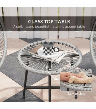 Outsunny Rattan Bistro Set, Cushioned Acapulco Chairs, Glass Table, Grey