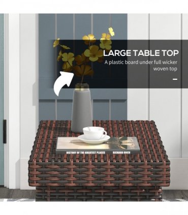 Outsunny Foldable Outdoor Coffee Table, Steel Frame Rattan Side Table, Brown