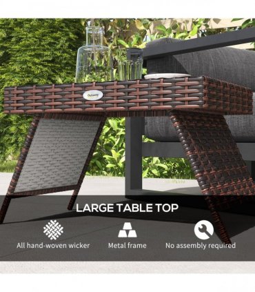 Outsunny Foldable Outdoor Coffee Table, Steel Frame Rattan Side Table, Brown