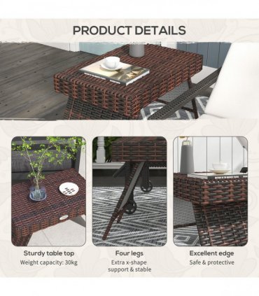Outsunny Foldable Outdoor Coffee Table, Steel Frame Rattan Side Table, Brown