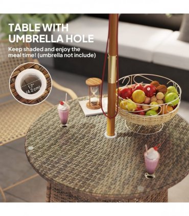 Outsunny Patio Furniture Rattan Garden Table with Umbrella Hole, Brown