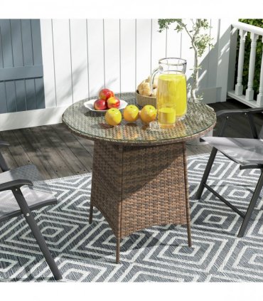 Outsunny Patio Furniture Rattan Garden Table with Umbrella Hole, Brown