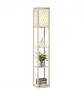 HOMCOM Modern Floor Lamp Light with 3 Shelves Fabric Lampshade Oak