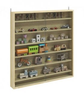HOMCOM 7-Tier Wall Display Cabinet w/ Shelves Glass Doors, Oak