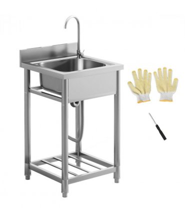 HOMCOM Stainless Steel Utility Sink with Cold and Hot Water Pipe Silver Tone