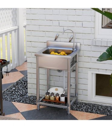 HOMCOM Stainless Steel Utility Sink with Cold and Hot Water Pipe Silver Tone