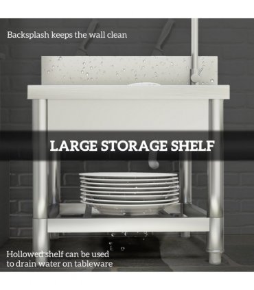 HOMCOM Stainless Steel Utility Sink with Cold and Hot Water Pipe Silver Tone
