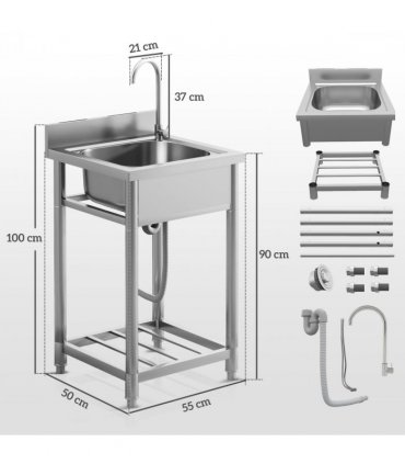 HOMCOM Stainless Steel Utility Sink with Cold and Hot Water Pipe Silver Tone