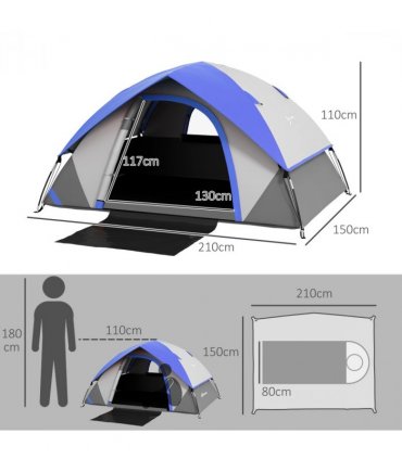 Outsunny 2 Man Camping Tent w/ Sewn-in Groundsheet, 3000mm Waterproof, Blue