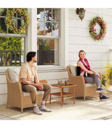 Outsunny 2 Pieces Rattan Garden Chairs, Cushioned Rattan Chairs, Beige