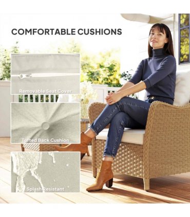 Outsunny 2 Pieces Rattan Garden Chairs, Cushioned Rattan Chairs, Beige