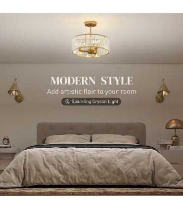 HOMCOM Semi Flush Mount Modern Crystal Chandelier Ceiling Light, Gold Tone
