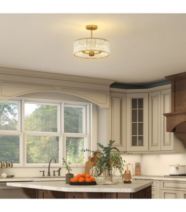 HOMCOM Semi Flush Mount Modern Crystal Chandelier Ceiling Light, Gold Tone