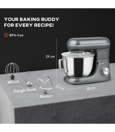 HOMCOM Electric Stand Mixer, 4.5L Food Mixer with Dough Hook, Whisk, Silver