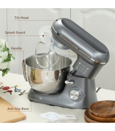 HOMCOM Electric Stand Mixer, 4.5L Food Mixer with Dough Hook, Whisk, Silver
