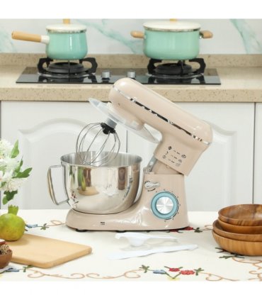 HOMCOM Electric Stand Mixer, 4.5L Food Mixer with Dough Hook, Whisk, Beige