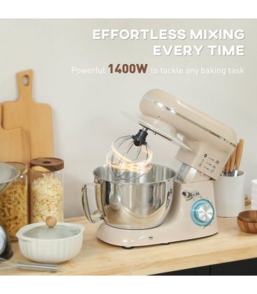 HOMCOM Electric Stand Mixer, 4.5L Food Mixer with Dough Hook, Whisk, Beige