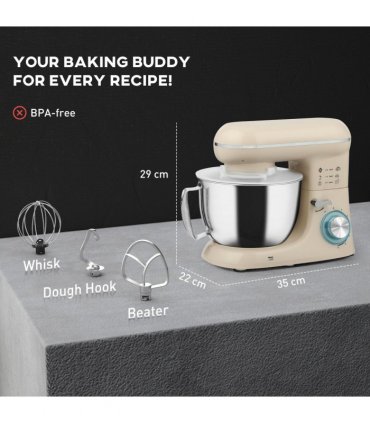 HOMCOM Electric Stand Mixer, 4.5L Food Mixer with Dough Hook, Whisk, Beige