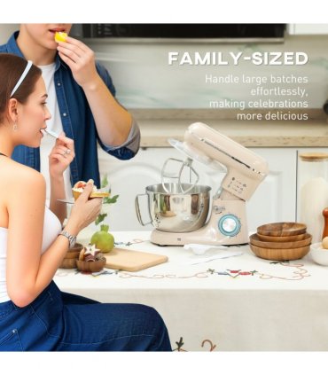 HOMCOM Electric Stand Mixer, 4.5L Food Mixer with Dough Hook, Whisk, Beige