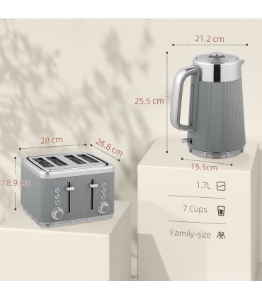 HOMCOM 1.7L 3000W Rapid Boil Kettle and 4 Slice Toaster Set Crumb Tray Tan