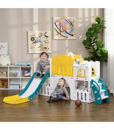 AIYAPLAY 7 in 1 Toddler Slide with Basketball Hoop, for 1-3 Years, Yellow